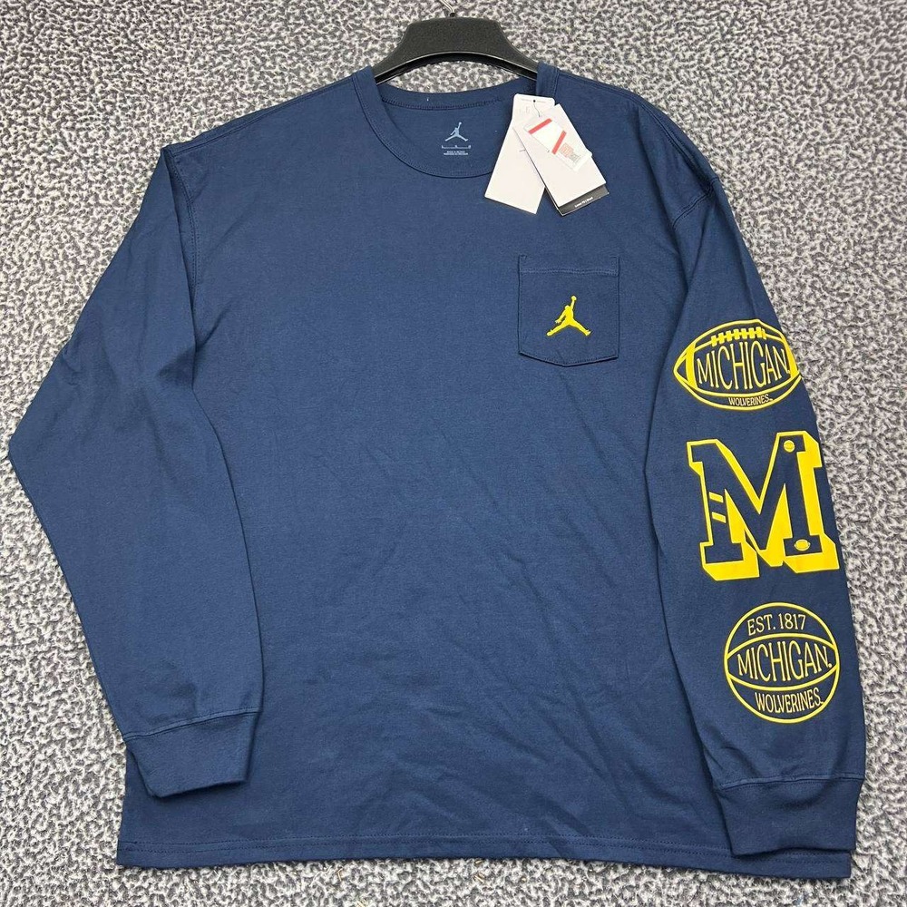 Air Jordan Michigan Wolverines Men Shirt Large Navy Long Sleeve Pocket New L